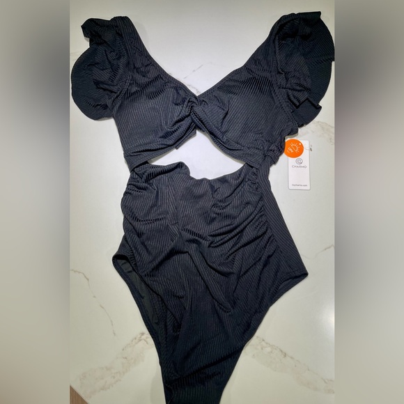 🥳🥳2 FOR 1 Charmo Ruffle UPF Maternity Suit Cutout Ruched & Black Flowered, L - Picture 13 of 16